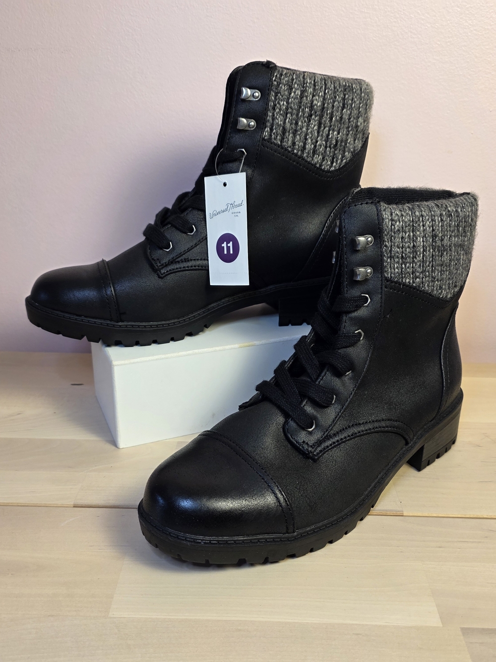 Women's Black Lace-Up Knit-Cuff Ankle Boots